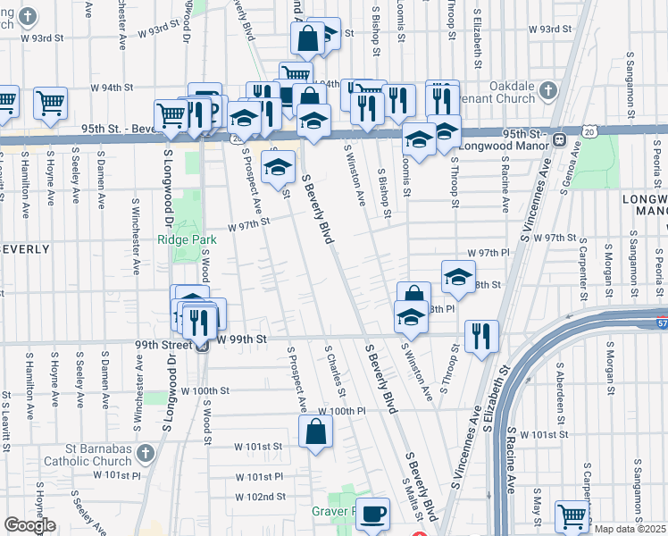 map of restaurants, bars, coffee shops, grocery stores, and more near 9742 South Beverly Boulevard in Chicago