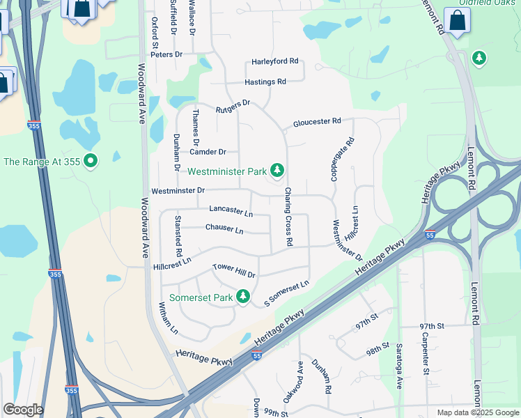 map of restaurants, bars, coffee shops, grocery stores, and more near 1310 Lancaster Lane in Woodridge