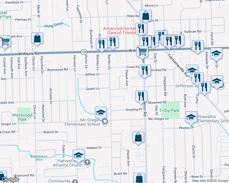 map of restaurants, bars, coffee shops, grocery stores, and more near 3443 Mapleview Drive in Toledo