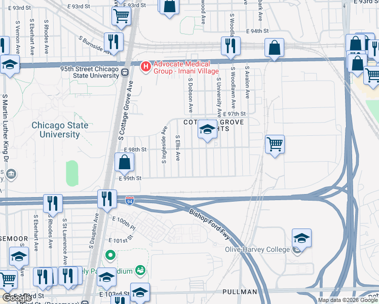 map of restaurants, bars, coffee shops, grocery stores, and more near 9804 South Dobson Avenue in Chicago
