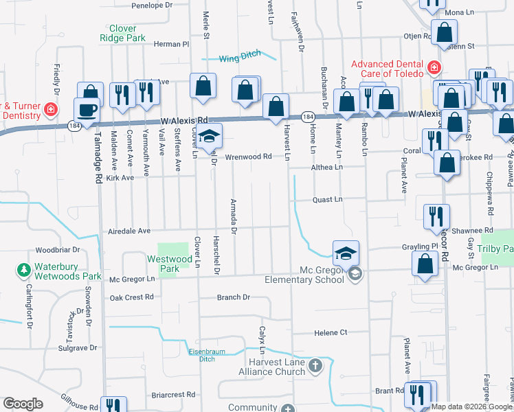 map of restaurants, bars, coffee shops, grocery stores, and more near 5564 Bannockburn Drive in Toledo