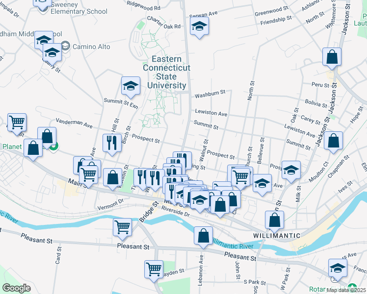 map of restaurants, bars, coffee shops, grocery stores, and more near 290 Prospect Street in Windham