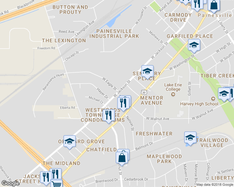 map of restaurants, bars, coffee shops, grocery stores, and more near 625 West Jackson Street in Painesville