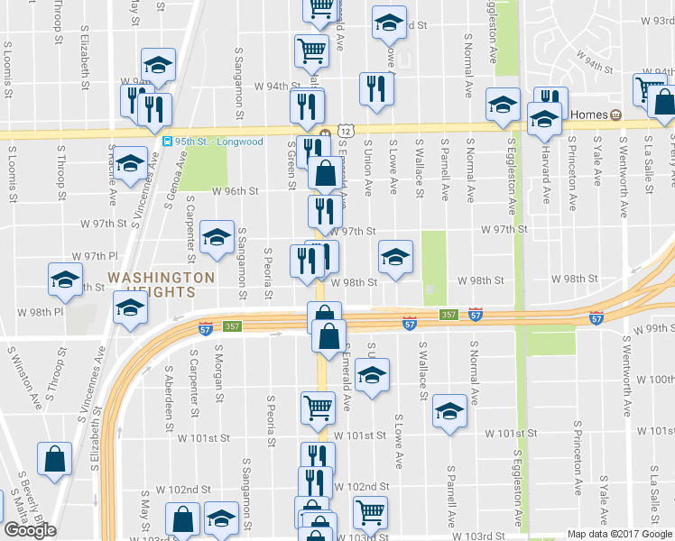 map of restaurants, bars, coffee shops, grocery stores, and more near 9746 South Emerald Avenue in Chicago