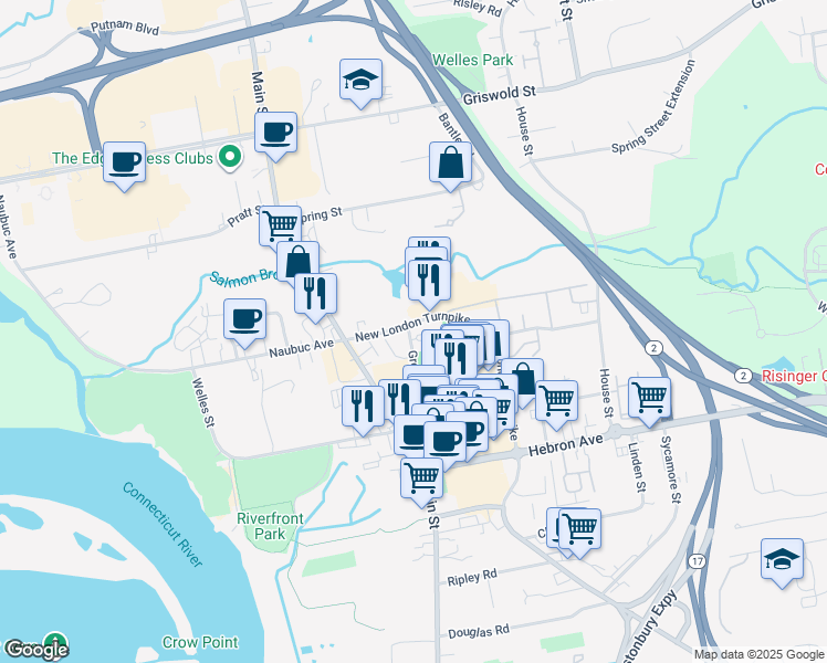 map of restaurants, bars, coffee shops, grocery stores, and more near 10 Whitney Lane in Glastonbury