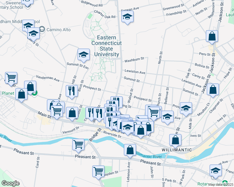 map of restaurants, bars, coffee shops, grocery stores, and more near 290 Prospect Street in Windham