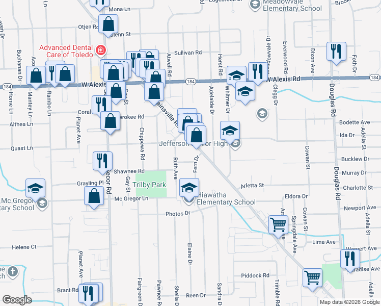 map of restaurants, bars, coffee shops, grocery stores, and more near 5511 Fern Drive in Toledo