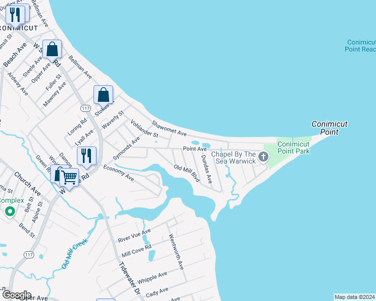 map of restaurants, bars, coffee shops, grocery stores, and more near 238 Point Avenue in Warwick