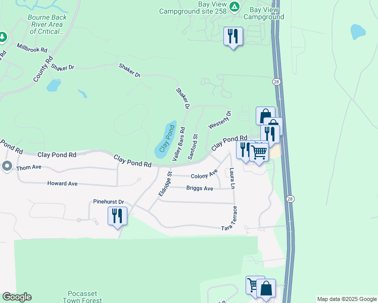 map of restaurants, bars, coffee shops, grocery stores, and more near 3 Sanford Street in Bourne