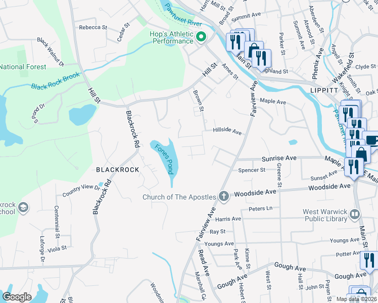 map of restaurants, bars, coffee shops, grocery stores, and more near 1 Dennis Street in Coventry