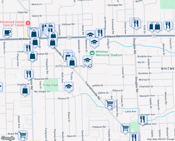 map of restaurants, bars, coffee shops, grocery stores, and more near 5530 Whitmer Drive in Toledo