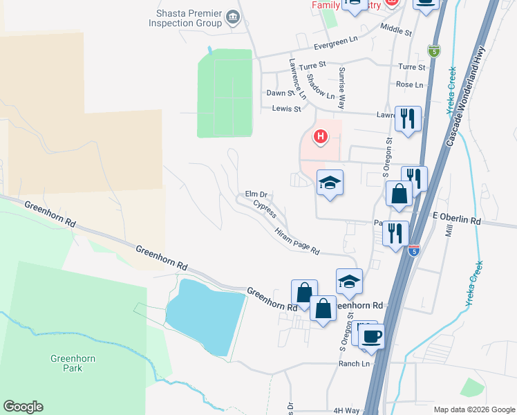 map of restaurants, bars, coffee shops, grocery stores, and more near 442 Hiram Page Road in Yreka