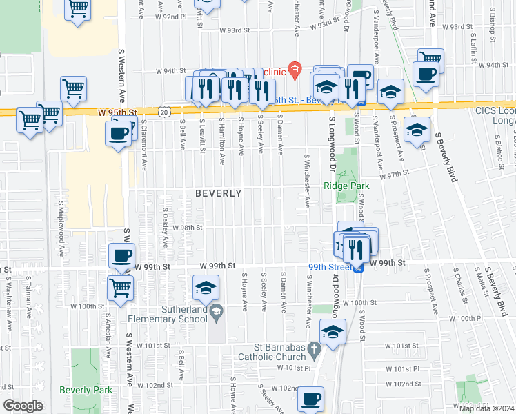 map of restaurants, bars, coffee shops, grocery stores, and more near 9730 South Seeley Avenue in Chicago