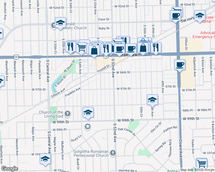 map of restaurants, bars, coffee shops, grocery stores, and more near 9641 Cook Avenue in Oak Lawn