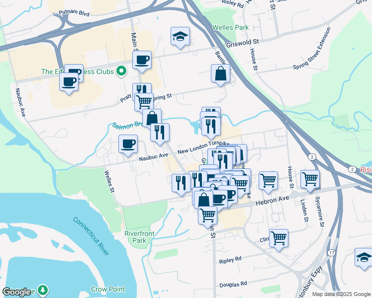 map of restaurants, bars, coffee shops, grocery stores, and more near 20 Crossroads Lane in Glastonbury