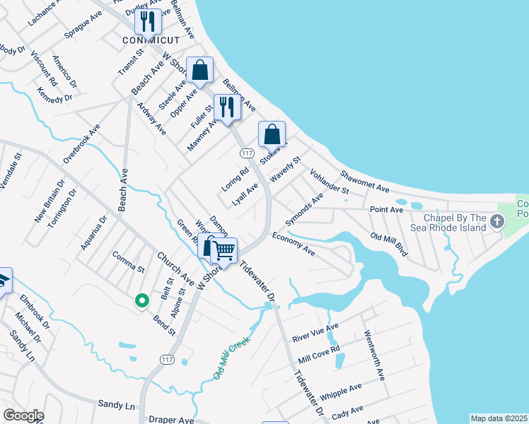 map of restaurants, bars, coffee shops, grocery stores, and more near 1095 West Shore Road in Warwick
