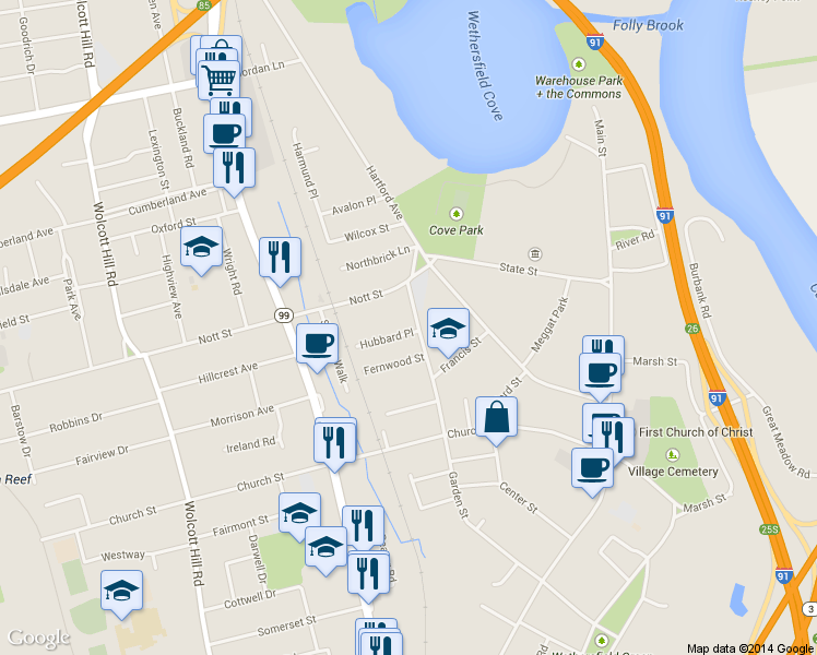 map of restaurants, bars, coffee shops, grocery stores, and more near 311 Garden Street in Wethersfield