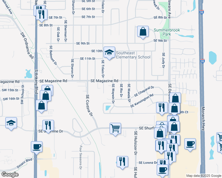map of restaurants, bars, coffee shops, grocery stores, and more near 1414 SE Waywin Dr in Ankeny