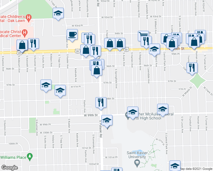 map of restaurants, bars, coffee shops, grocery stores, and more near 9708 South Harding Avenue in Evergreen Park