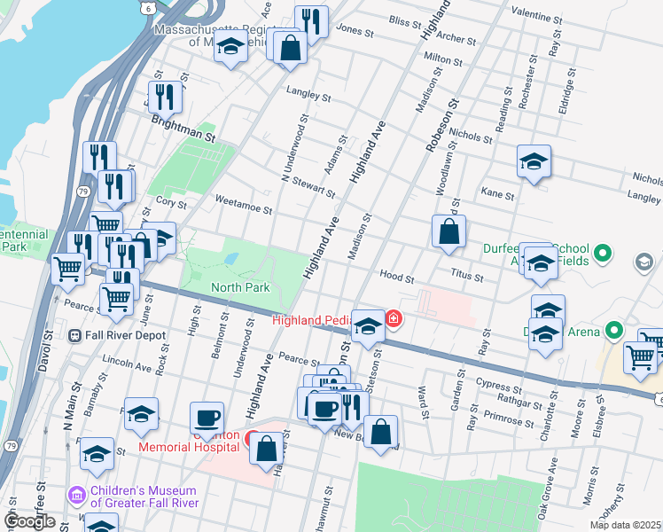 map of restaurants, bars, coffee shops, grocery stores, and more near 885 Hanover Street in Fall River