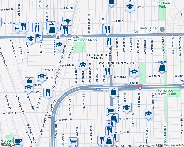 map of restaurants, bars, coffee shops, grocery stores, and more near 9737 S Sangamon St in Chicago
