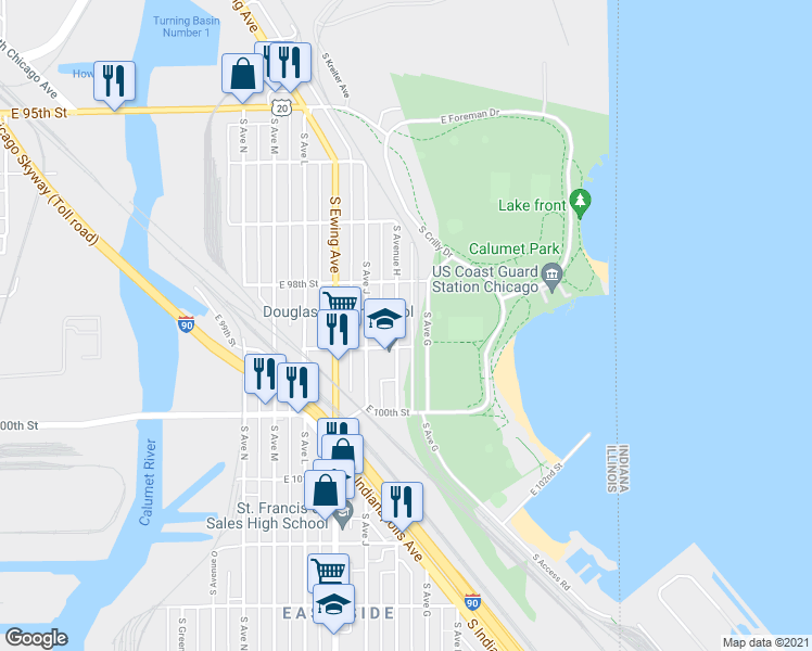 map of restaurants, bars, coffee shops, grocery stores, and more near 9845 South Avenue H in Chicago