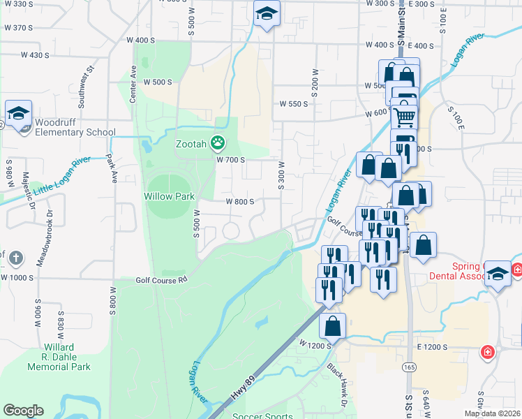 map of restaurants, bars, coffee shops, grocery stores, and more near 368 West 800 South in Logan