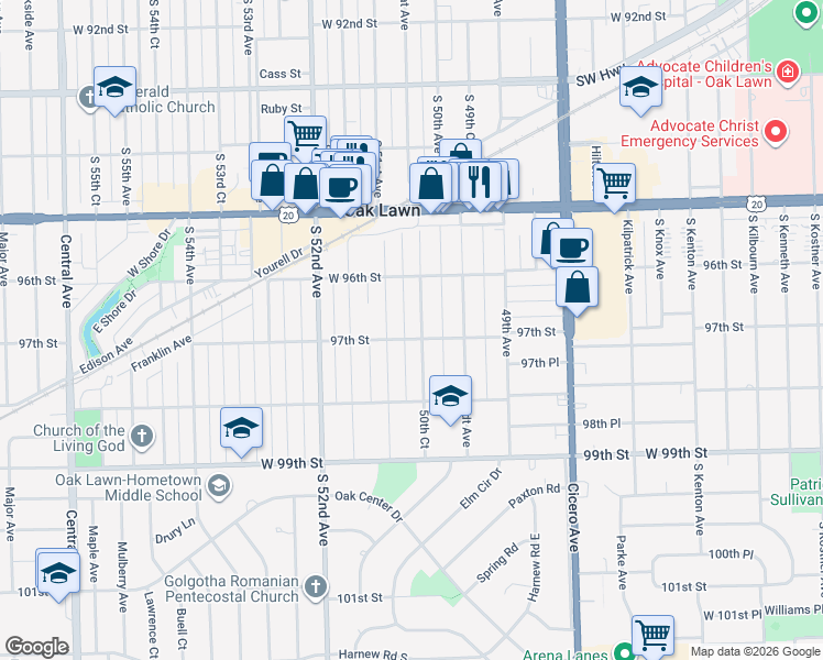 map of restaurants, bars, coffee shops, grocery stores, and more near 9644 S 50th Ct in Oak Lawn