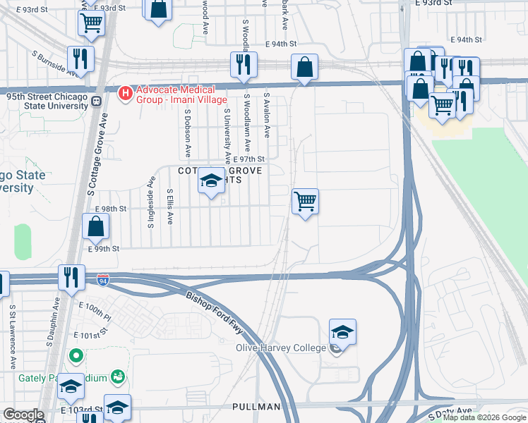 map of restaurants, bars, coffee shops, grocery stores, and more near 9804 South Avalon Avenue in Chicago