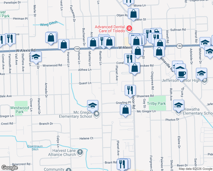 map of restaurants, bars, coffee shops, grocery stores, and more near 3443 Mapleview Drive in Toledo