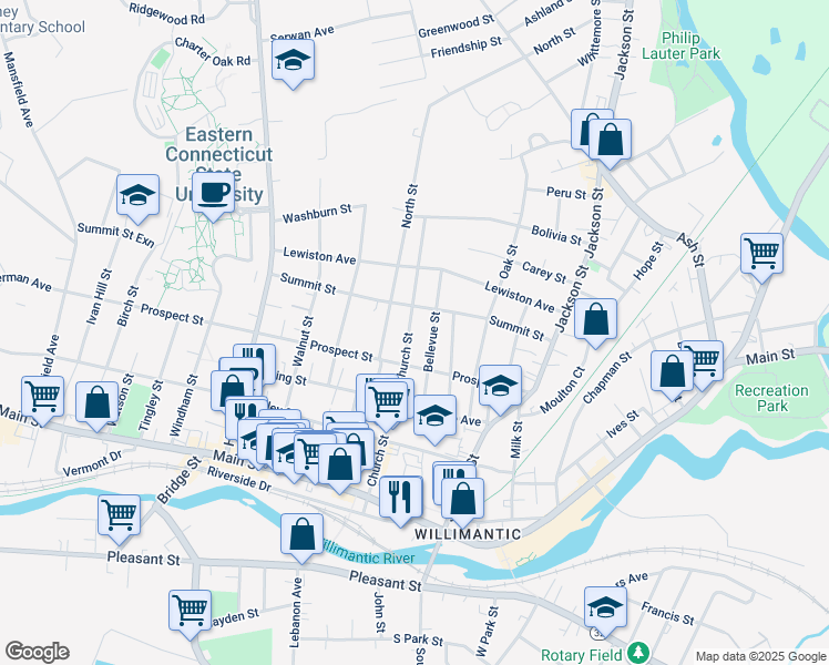 map of restaurants, bars, coffee shops, grocery stores, and more near 193 Church Street in Windham