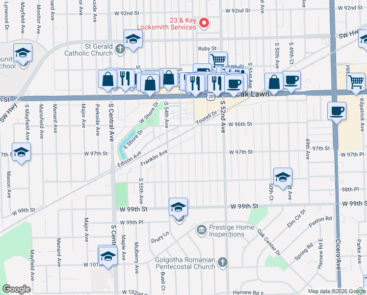 map of restaurants, bars, coffee shops, grocery stores, and more near 5332 West 97th Street in Oak Lawn