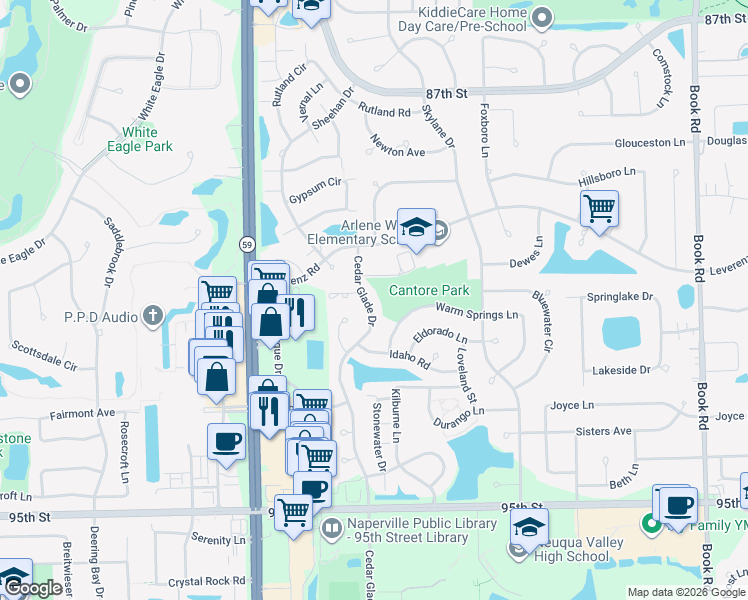 map of restaurants, bars, coffee shops, grocery stores, and more near 2724 Cedar Glade Road in Naperville