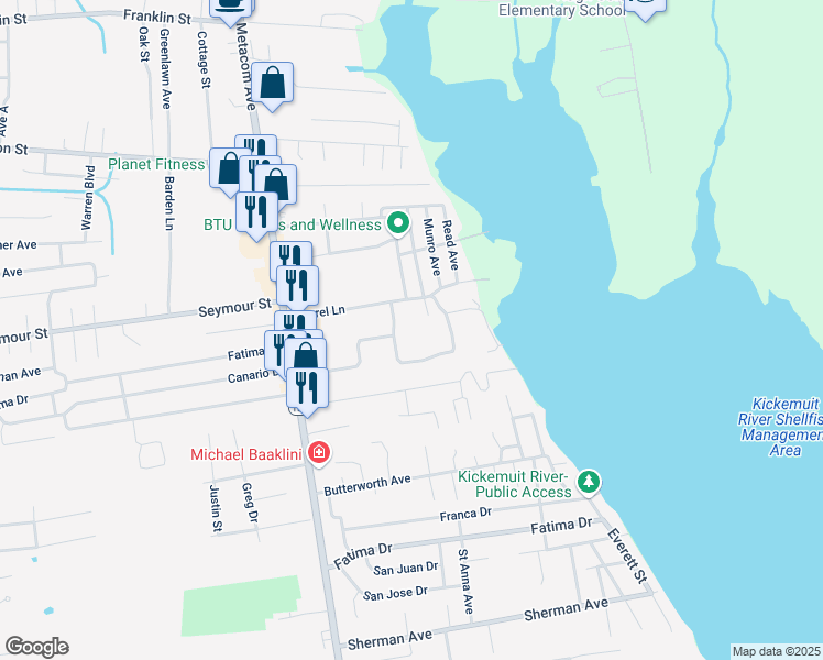 map of restaurants, bars, coffee shops, grocery stores, and more near 27 Laurel Lane in Warren