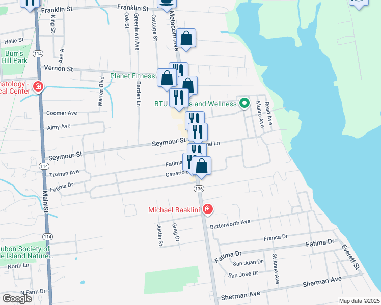 map of restaurants, bars, coffee shops, grocery stores, and more near 21 Stuart Street in Warren