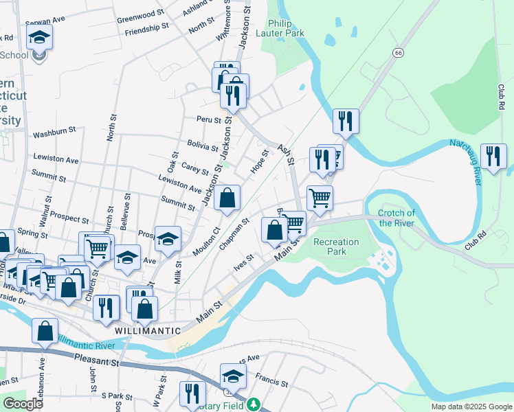 map of restaurants, bars, coffee shops, grocery stores, and more near 146 Chapman Street in Windham