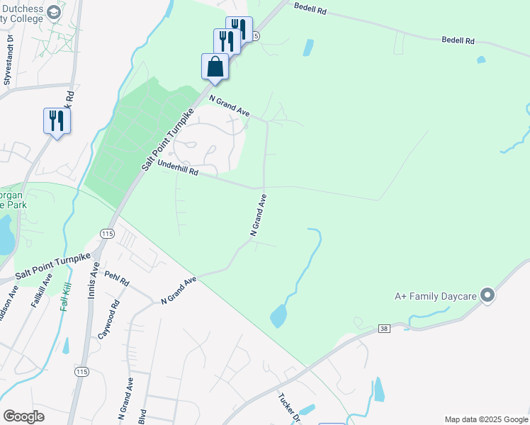 map of restaurants, bars, coffee shops, grocery stores, and more near 282 North Grand Avenue in Poughkeepsie