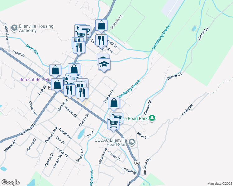 map of restaurants, bars, coffee shops, grocery stores, and more near 15 Yankee Place in Ellenville