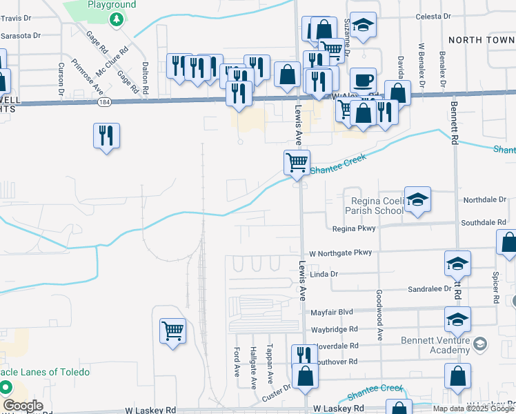 map of restaurants, bars, coffee shops, grocery stores, and more near 5523 Lewis Ave in Toledo