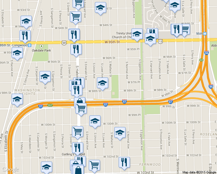 map of restaurants, bars, coffee shops, grocery stores, and more near 9747 South Lowe Avenue in Chicago