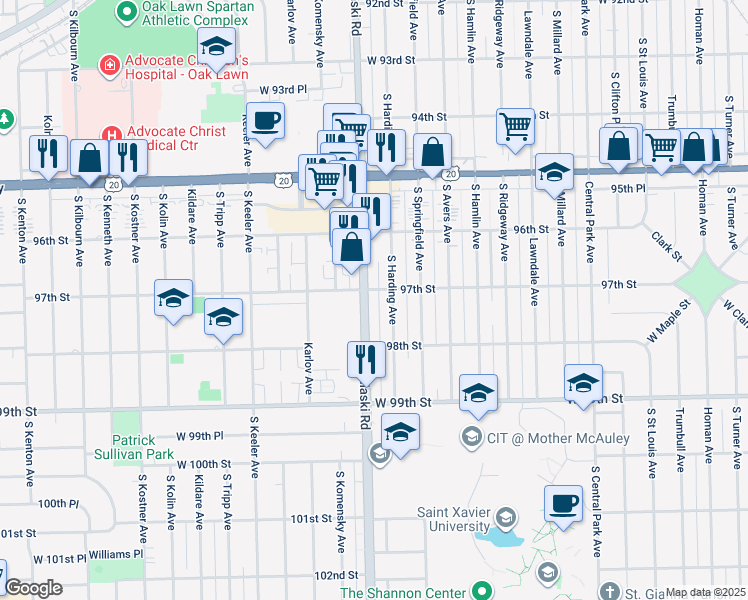 map of restaurants, bars, coffee shops, grocery stores, and more near 4001 West 97th Street in Oak Lawn