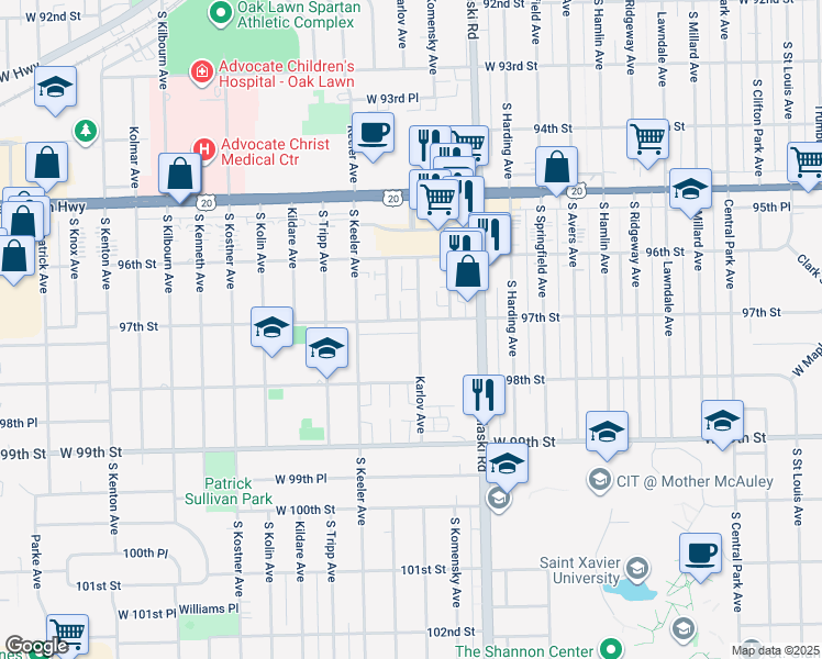 map of restaurants, bars, coffee shops, grocery stores, and more near 4125 West 97th Place in Oak Lawn