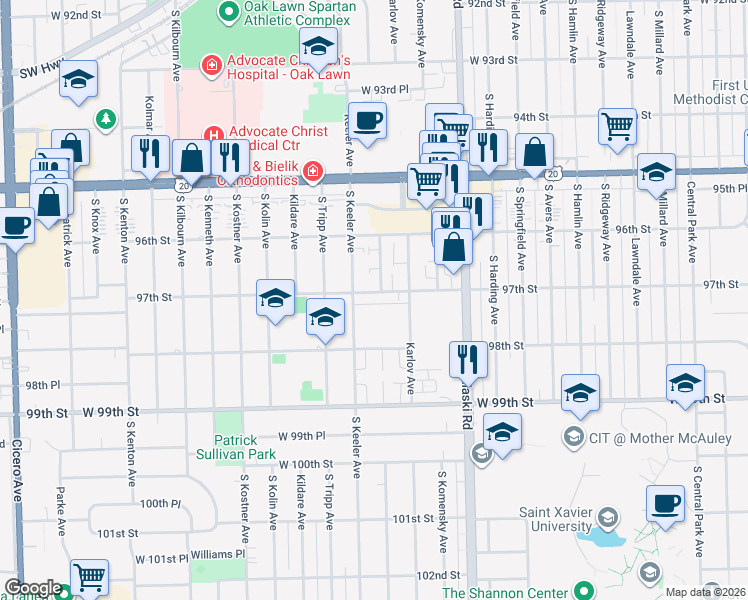 map of restaurants, bars, coffee shops, grocery stores, and more near 4125 West 97th Place in Oak Lawn