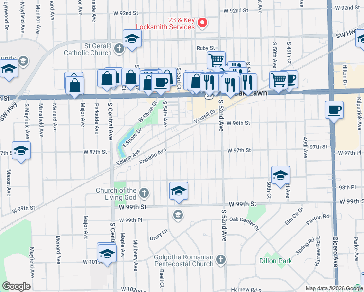 map of restaurants, bars, coffee shops, grocery stores, and more near 5332 West 97th Street in Oak Lawn
