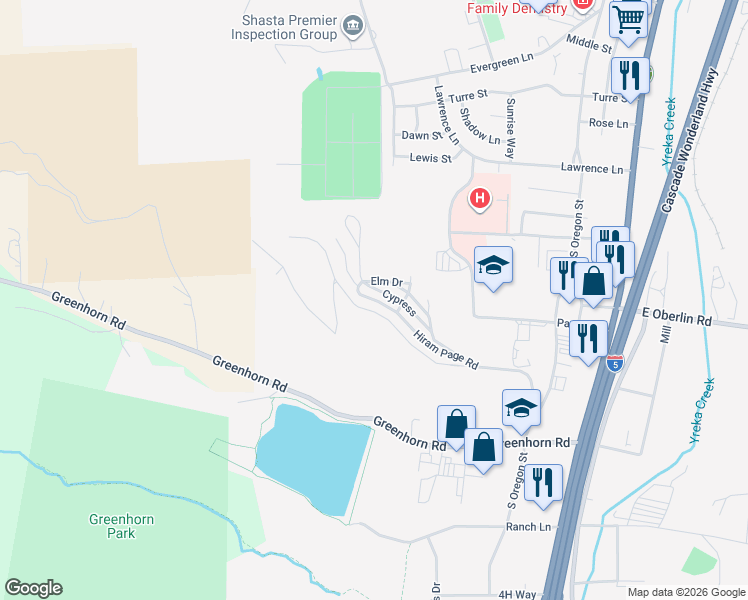 map of restaurants, bars, coffee shops, grocery stores, and more near 370-498 Hiram Page Rd in Yreka