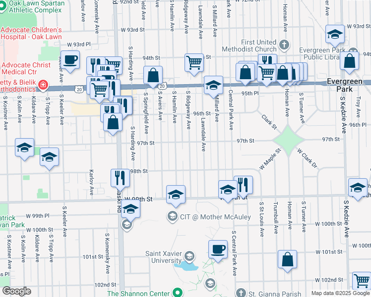map of restaurants, bars, coffee shops, grocery stores, and more near 9710 South Ridgeway Avenue in Evergreen Park