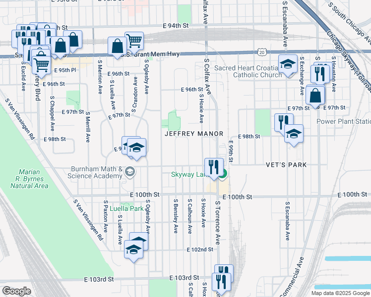 map of restaurants, bars, coffee shops, grocery stores, and more near 9826 South Calhoun Avenue in Chicago