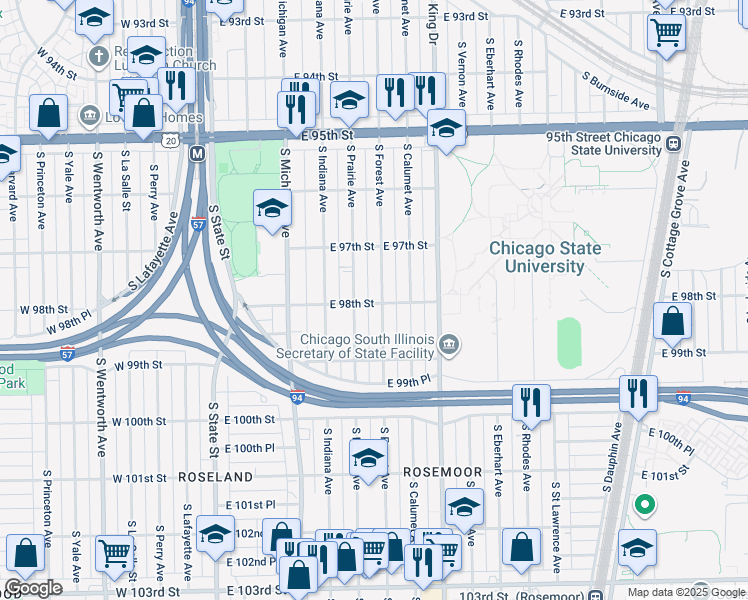 map of restaurants, bars, coffee shops, grocery stores, and more near 9758 South Forest Avenue in Chicago