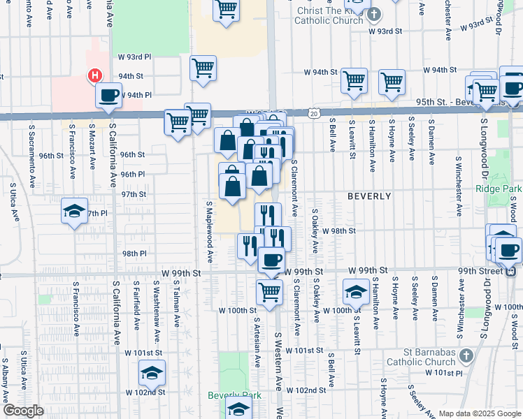 map of restaurants, bars, coffee shops, grocery stores, and more near 9730 South Western Avenue in Evergreen Park