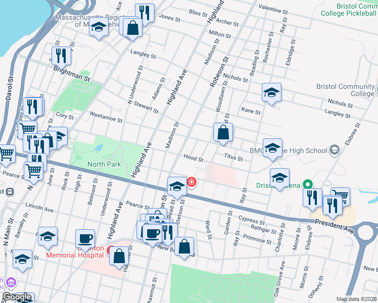 map of restaurants, bars, coffee shops, grocery stores, and more near 22 Greenlawn Street in Fall River